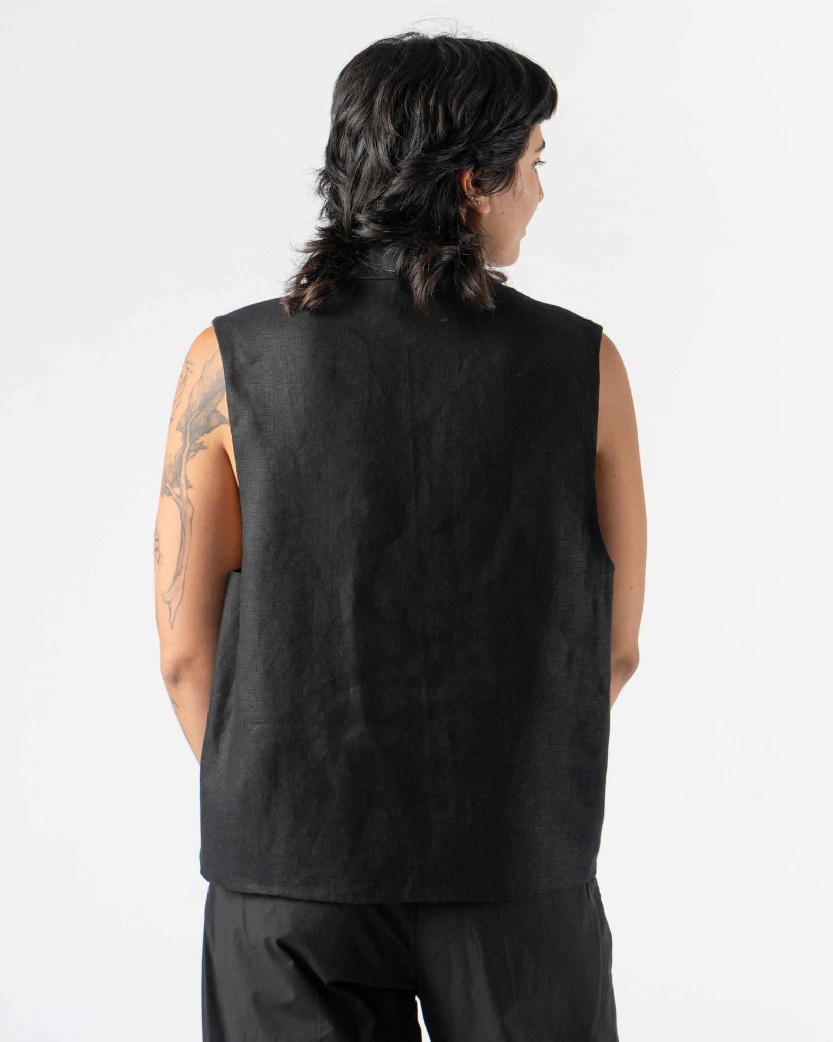 Modern Weaving Tie Front Vest in Black Linen