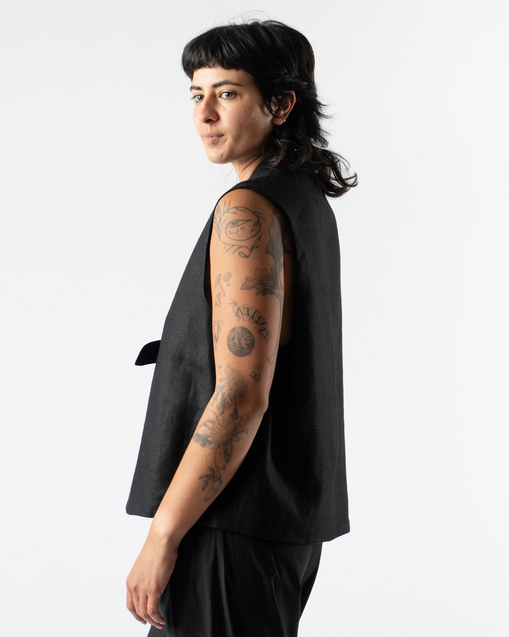 Modern Weaving Tie Front Vest in Black Linen