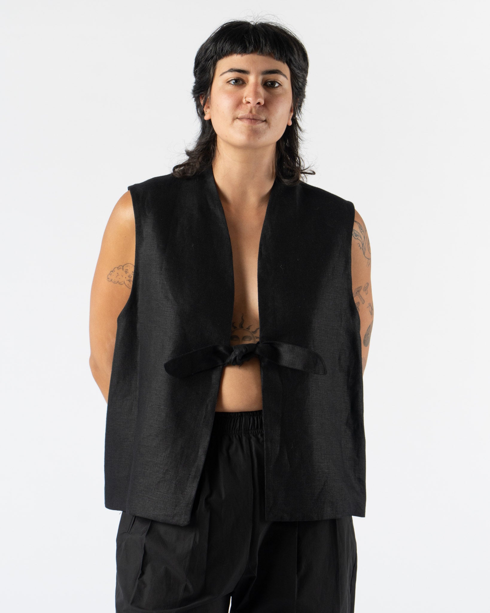 Modern Weaving Tie Front Vest in Black Linen