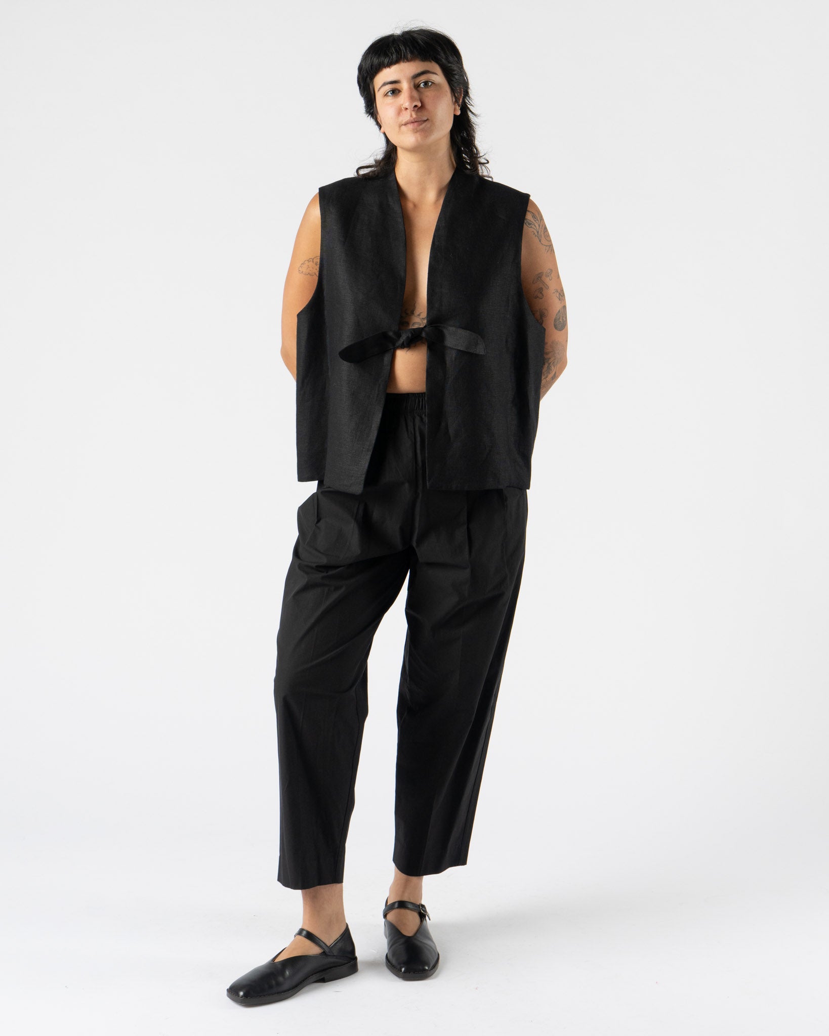Modern Weaving Tie Front Vest in Black Linen