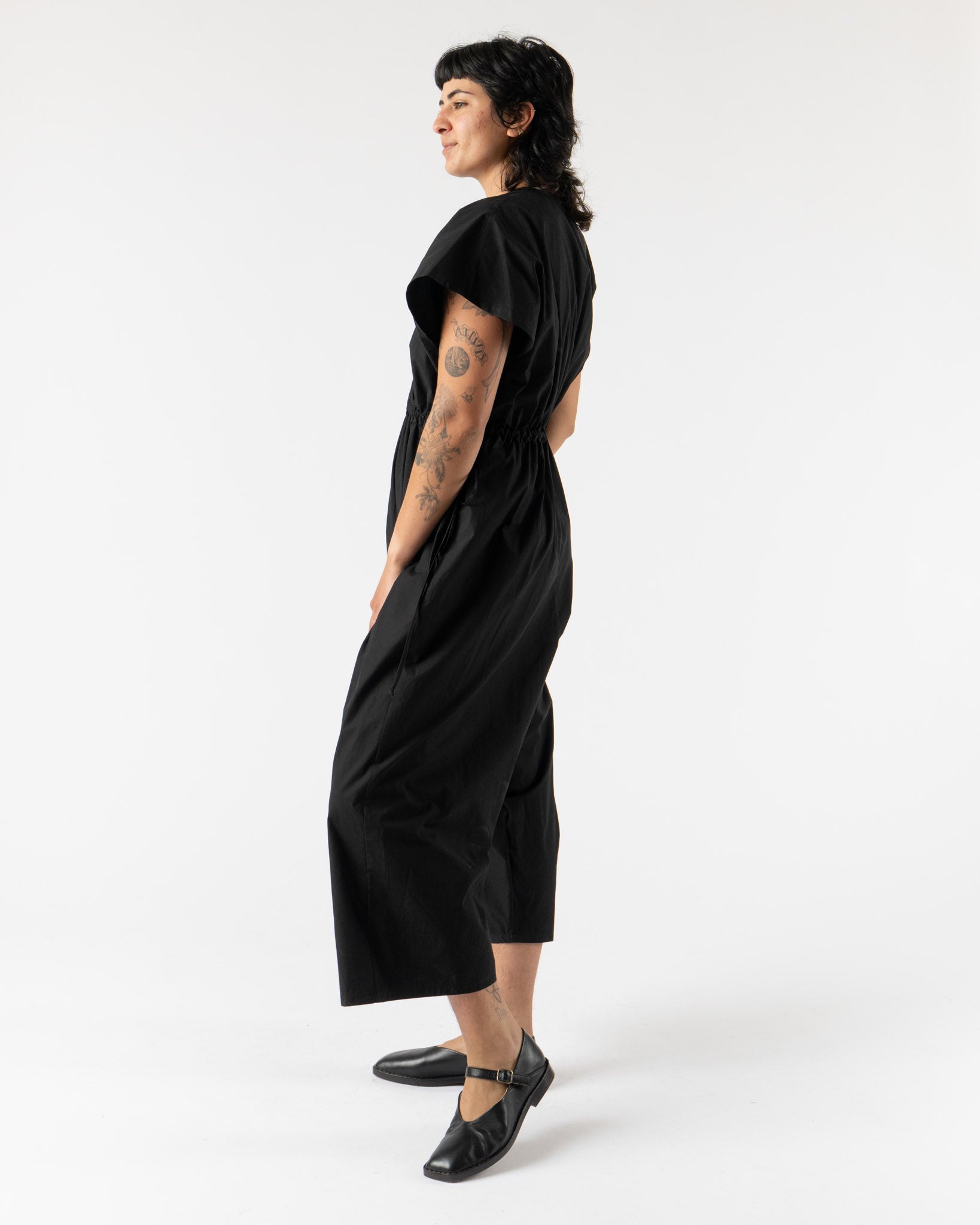 Modern Weaving Tie Side Balloon Jumpsuit in Black Parchment Poplin