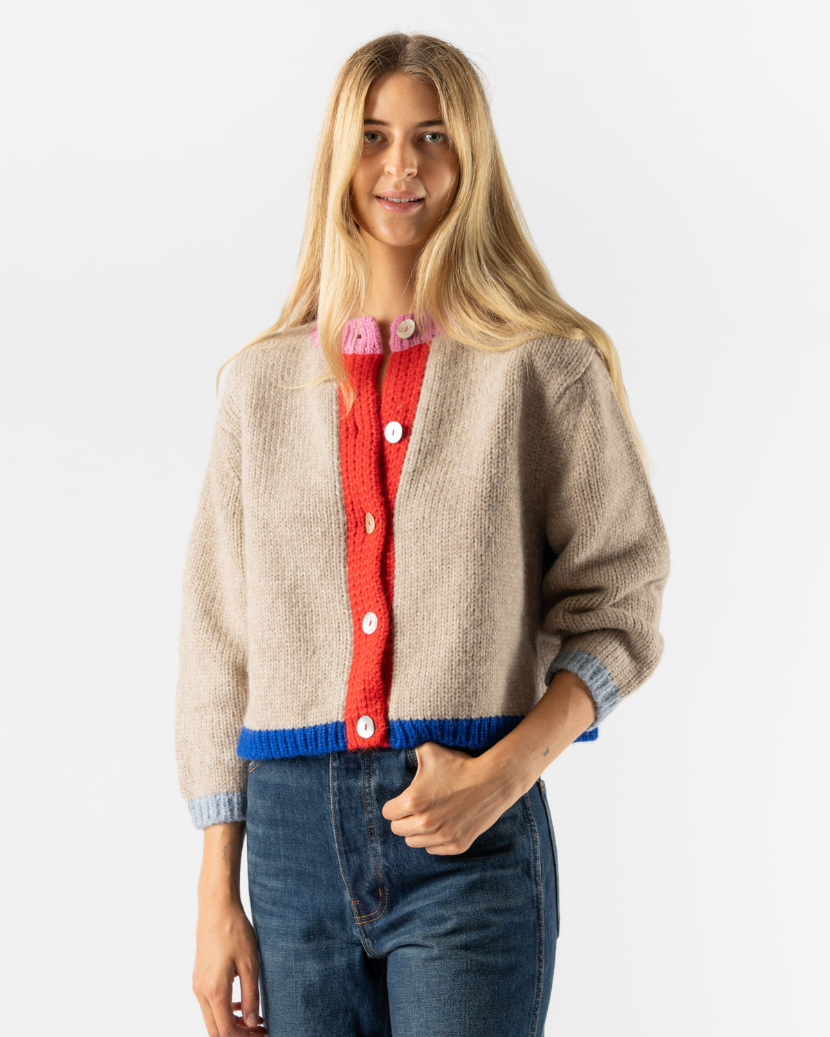 Nikki Chasin Sheba Cardigan Sweater in Oatmeal Colorblock Curated 