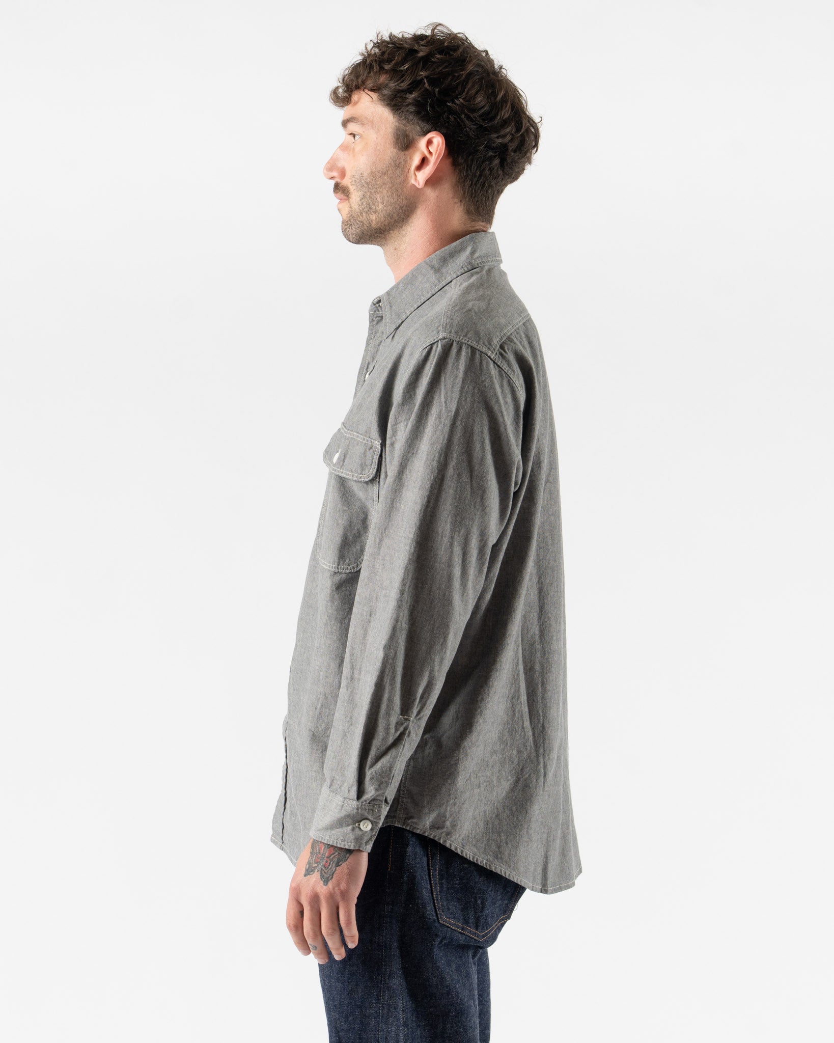 orSlow Gray Chambray Work Shirt with Flap Pocket