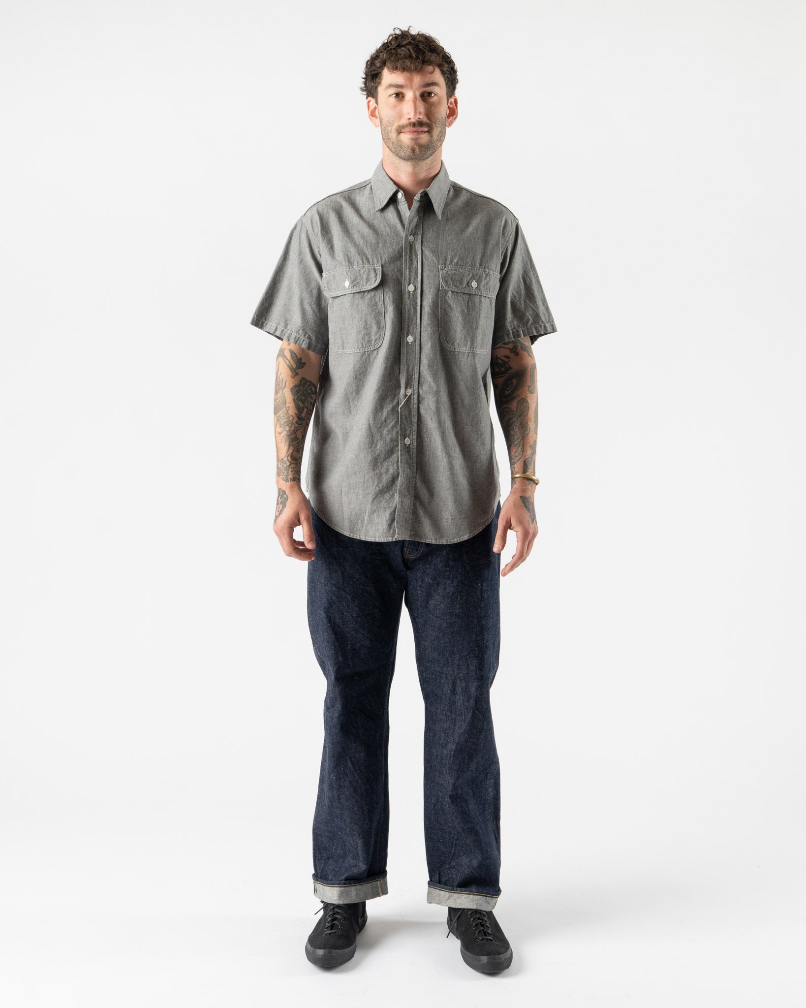 orSlow Short Sleeve Gray Chambray Work Shirt with Flap Pocket