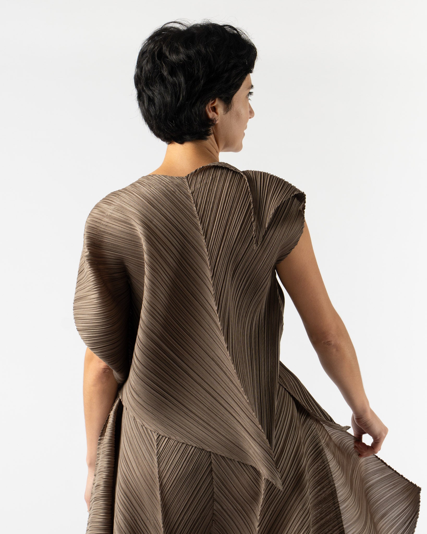 Pleats Please Issey Miyake Flare Top in Greyish Brown