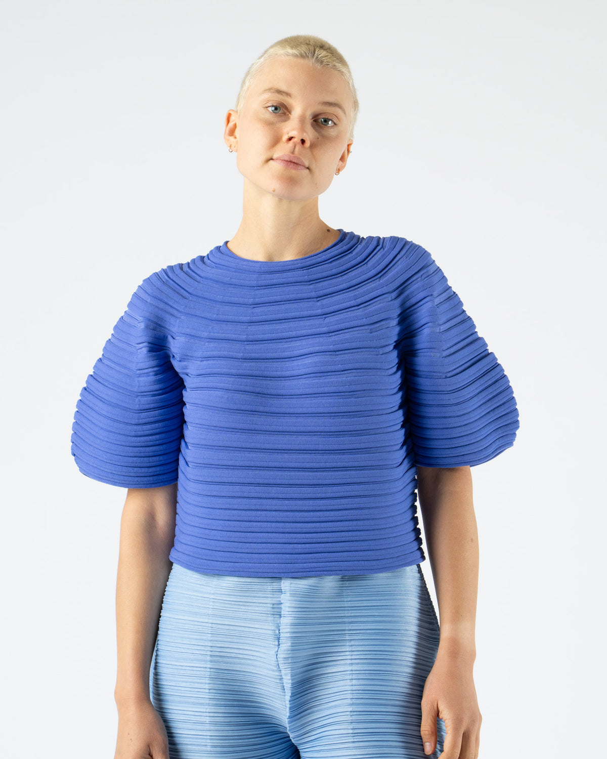 Pleats Please Issey Miyake Mushroom Knit in Steel Blue Curated at 