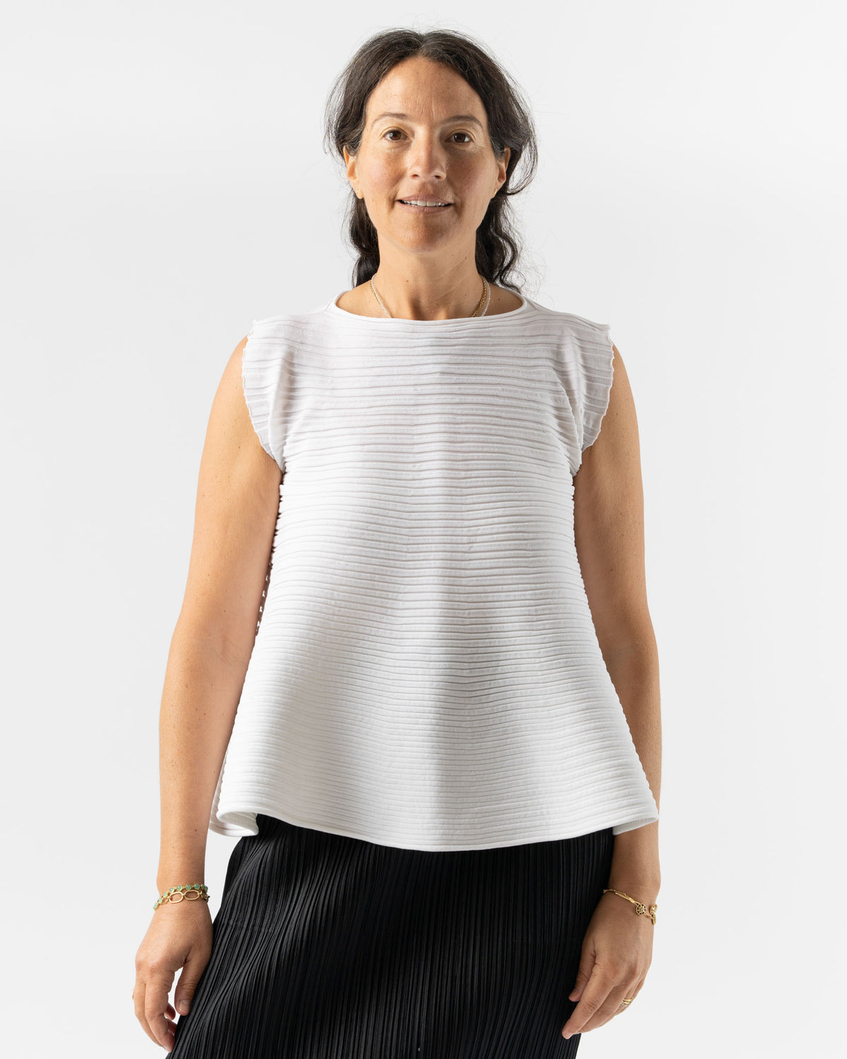 Pleats Please Issey Miyake Bounce Knit Top in Off White Curated at 
