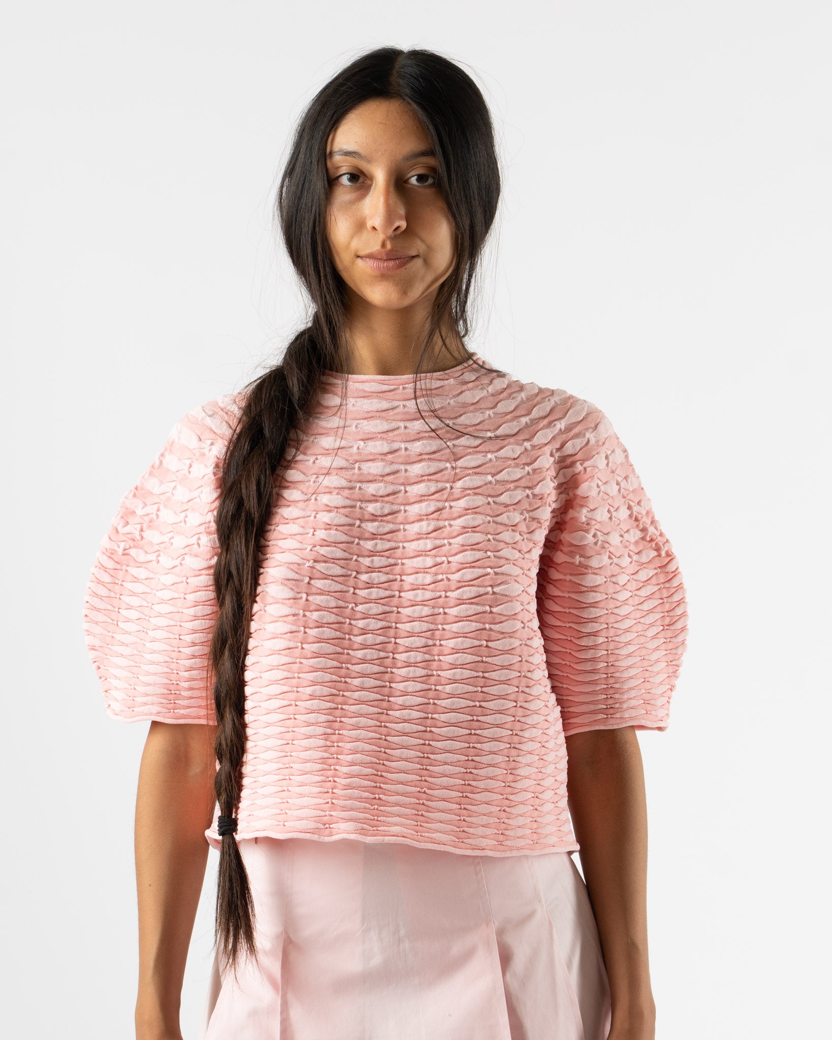 Pleats Please Issey Miyake Colorful Mushroom Knit Top in Light Pink