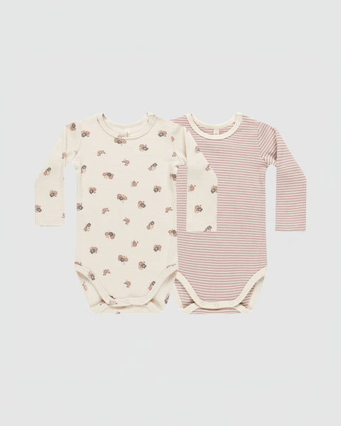 Quincy Mae Ribbed Bodysuit 2 Pack in Natural/Dusty Blue main image 1