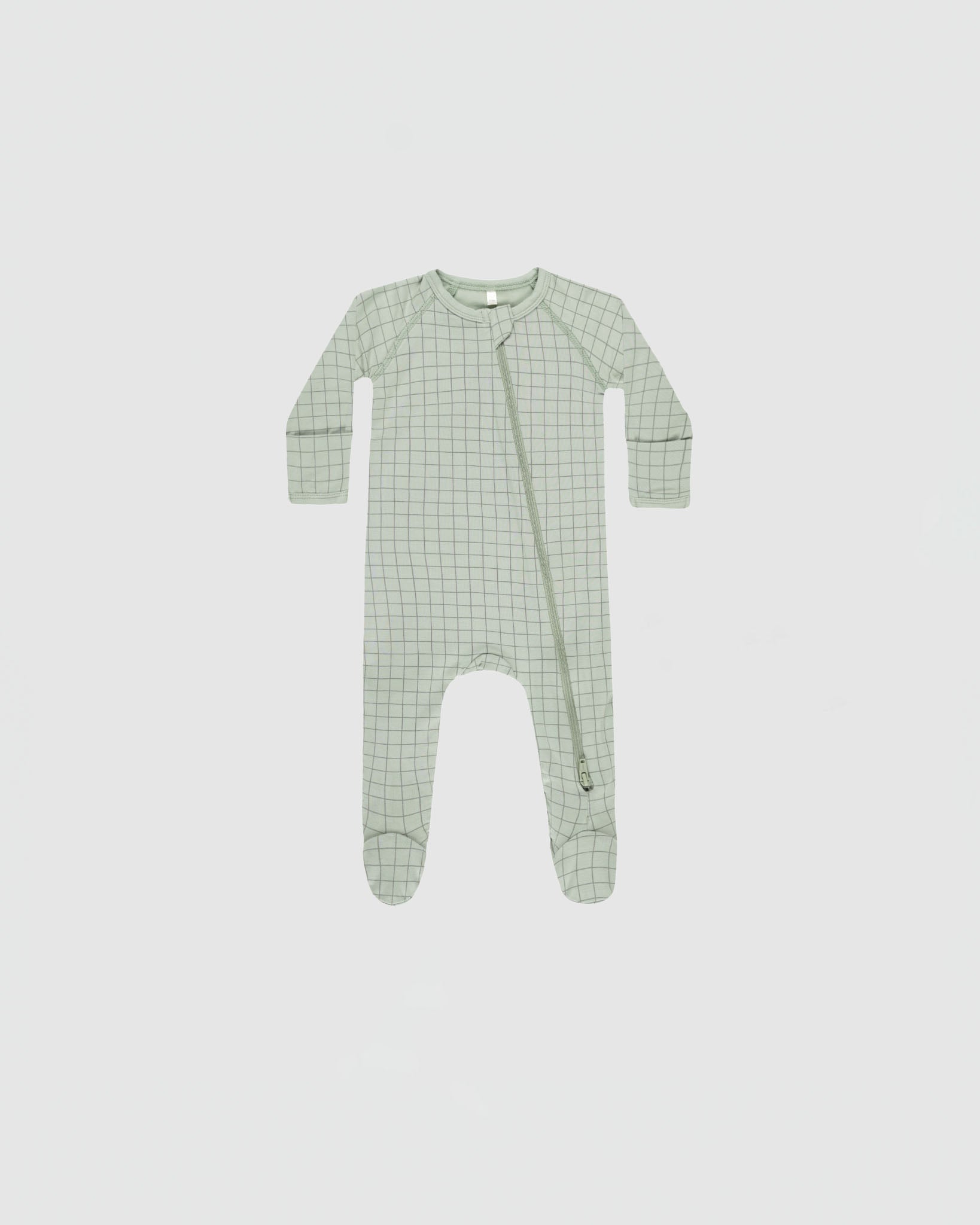 Quincy Mae Bamboo Zip Footie in Sage Grid