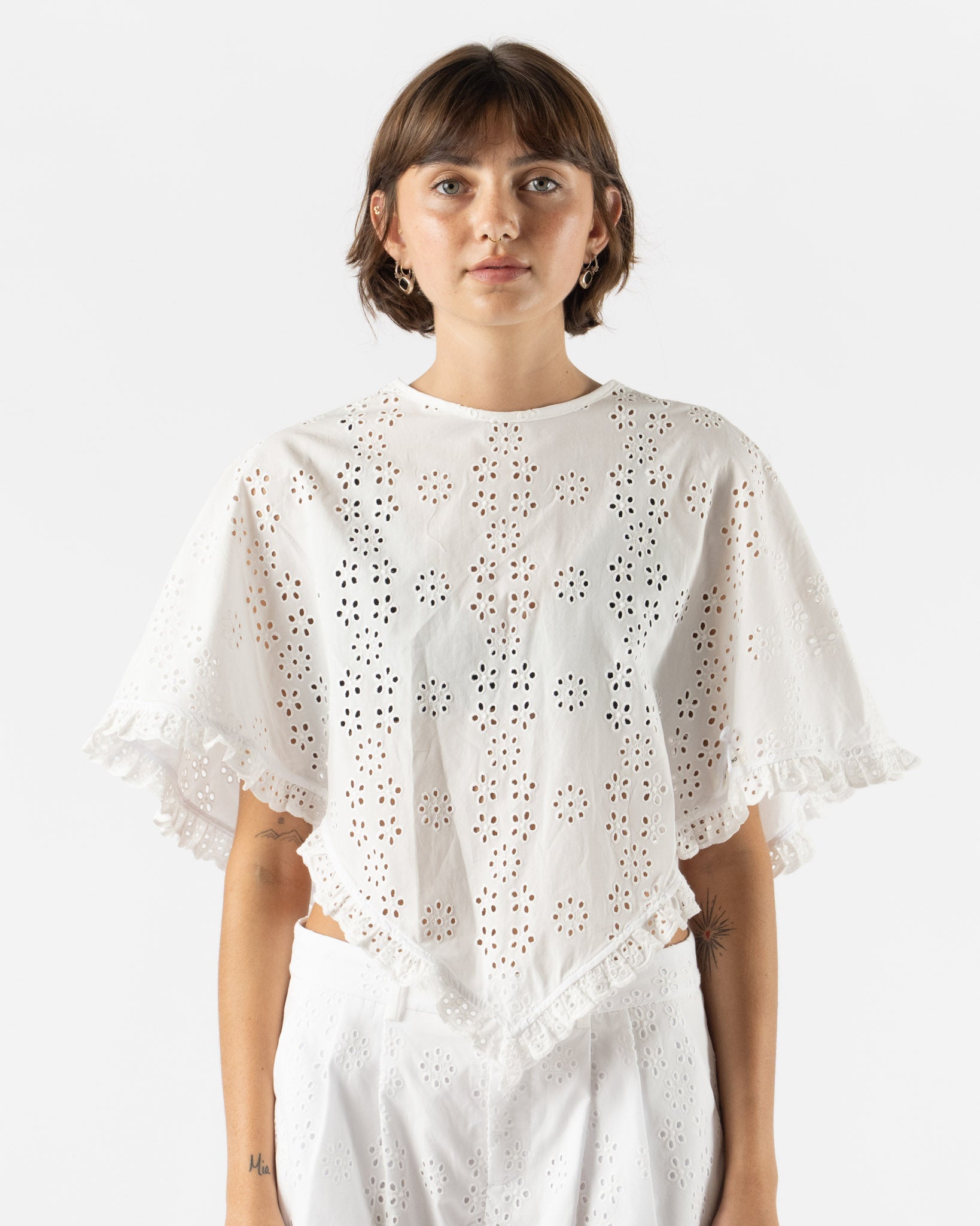 Sandy Liang Soba Poncho in White Eyelet