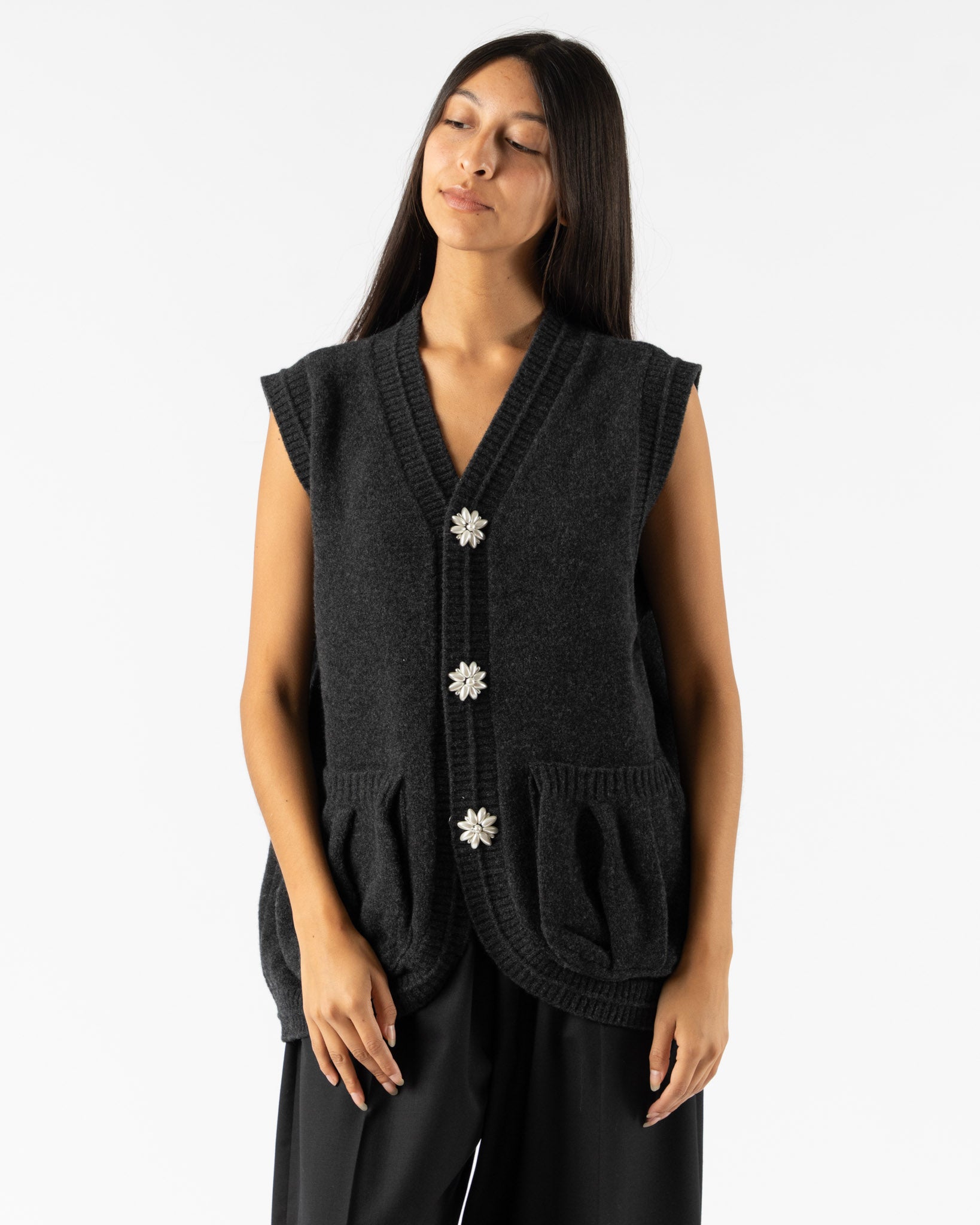 Simone Rocha Knit Vest with Pearl Buttons in Charcoal