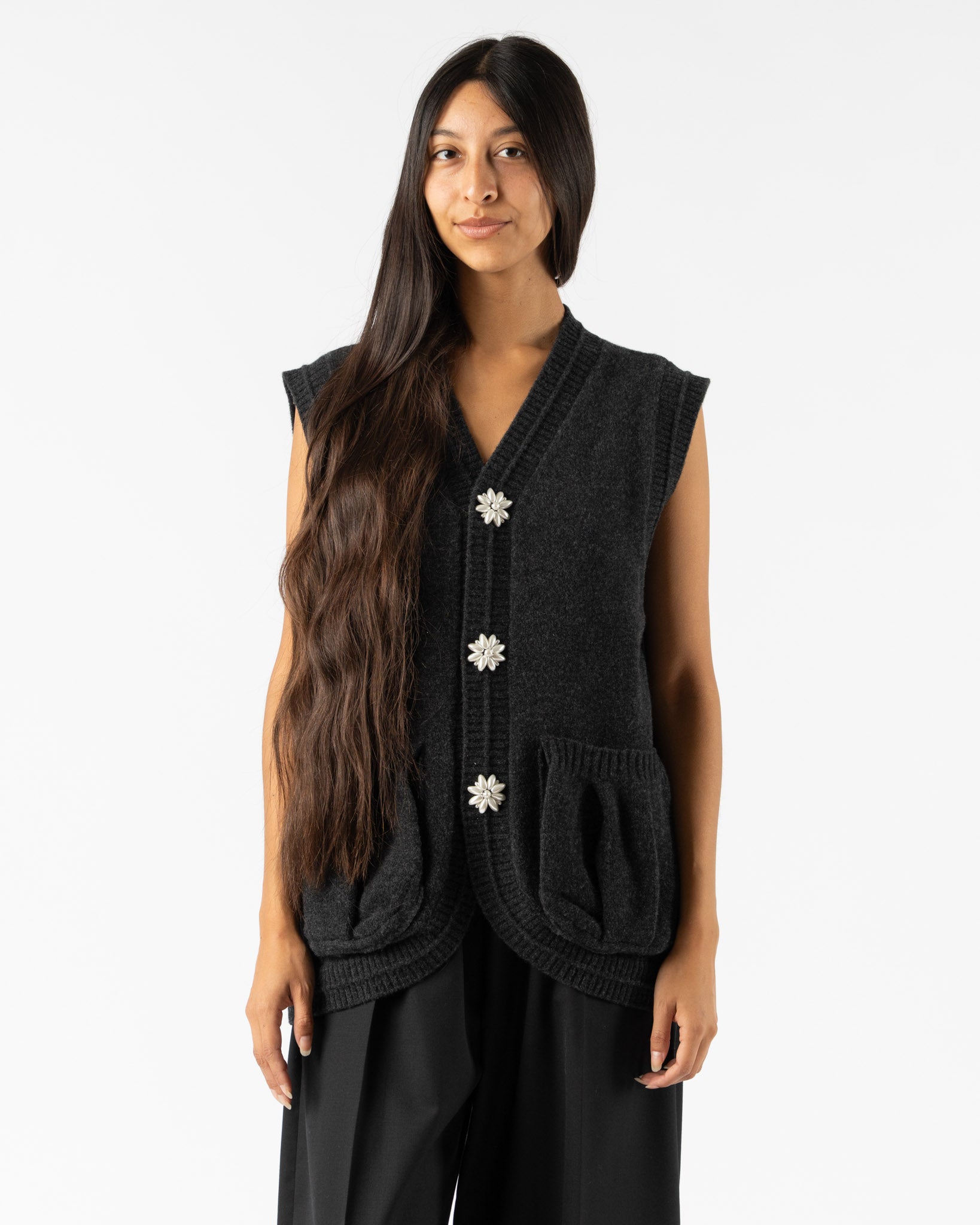 Simone Rocha Knit Vest with Pearl Buttons in Charcoal