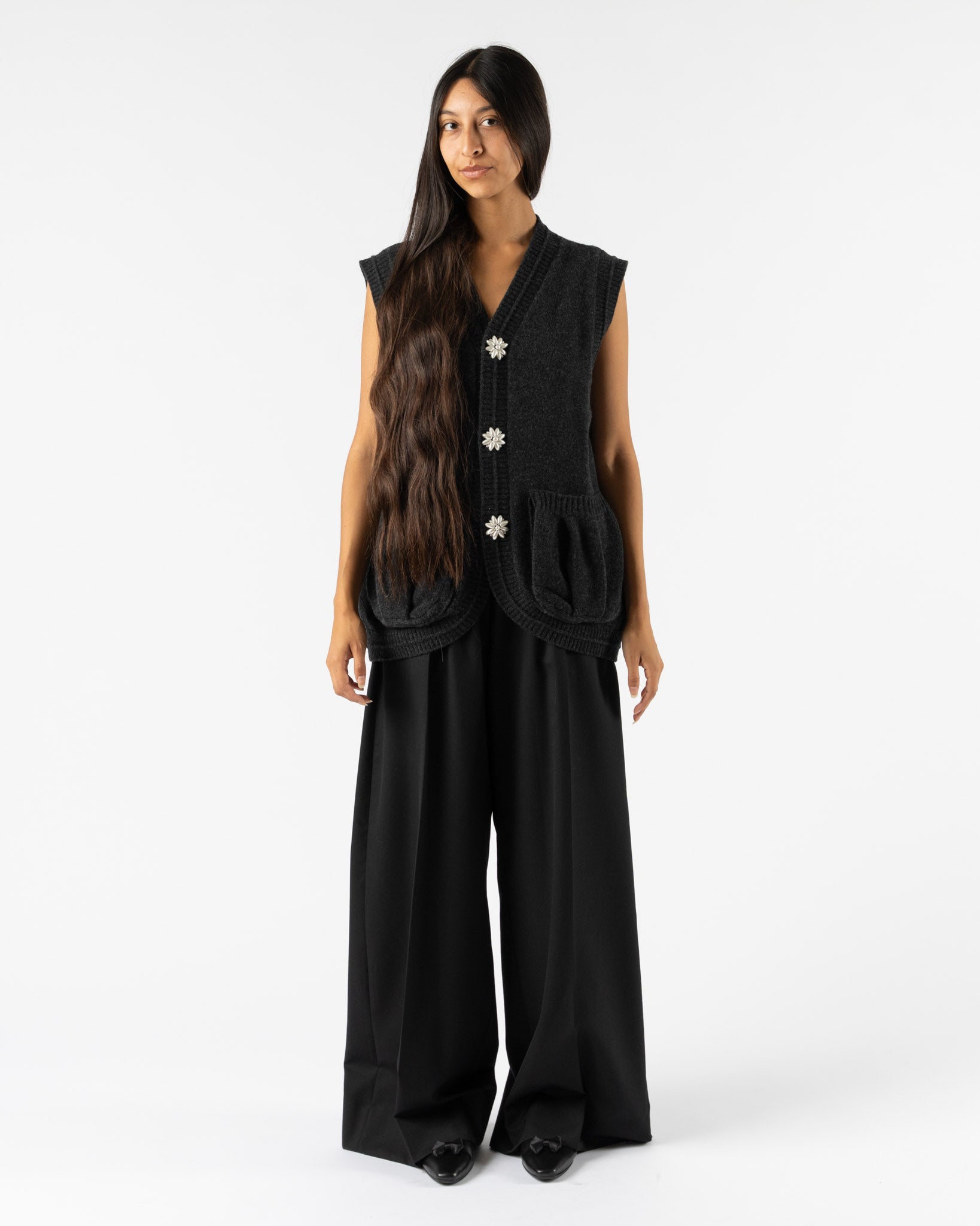 Simone Rocha Knit Vest with Pearl Buttons in Charcoal