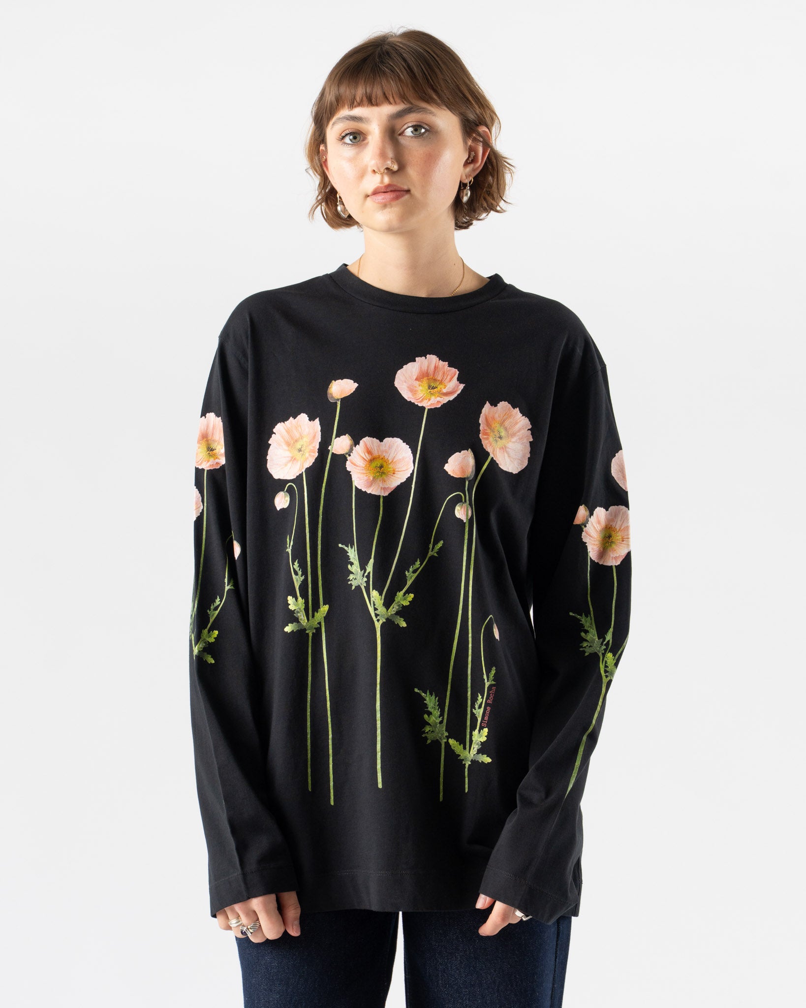 Simone Rocha Poppy Field Print Long Sleeve T-Shirt in Black