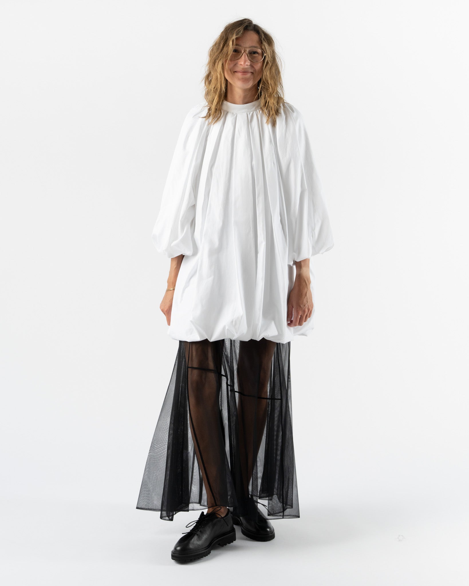 Simone Rocha Puff Sleeve Balloon Dress with Back Bow Detail in White