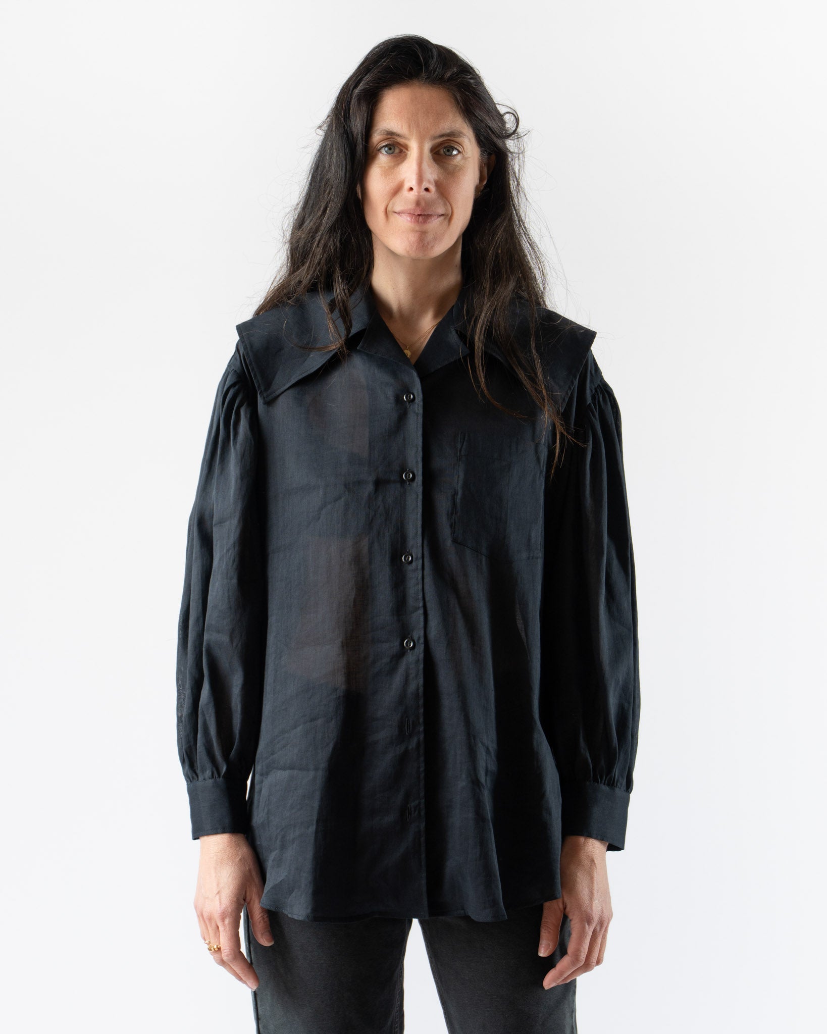 Simone Rocha Sailor Collar Puff Sleeve Shirt in Black Cotton Voile
