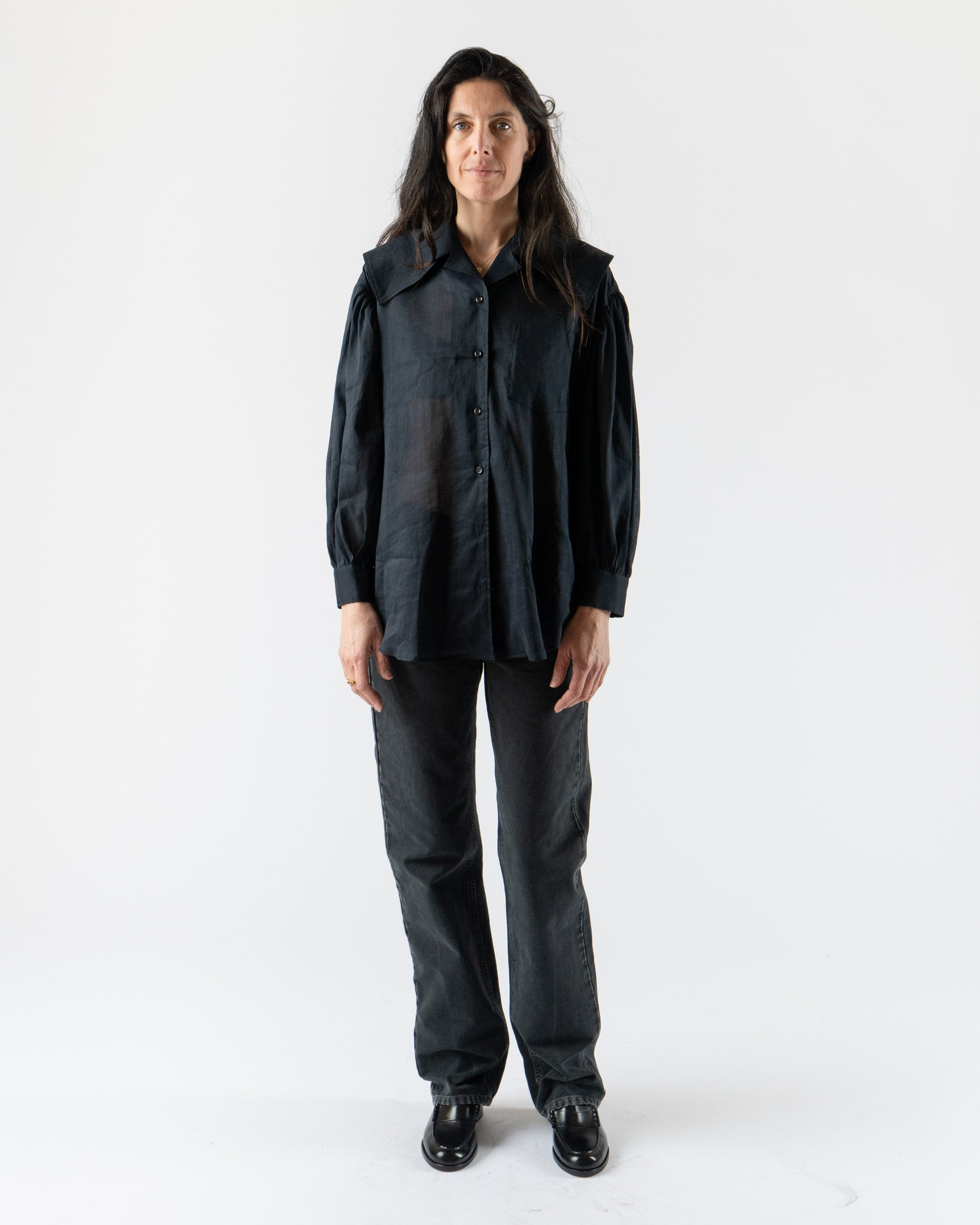 Simone Rocha Sailor Collar Puff Sleeve Shirt in Black Cotton Voile