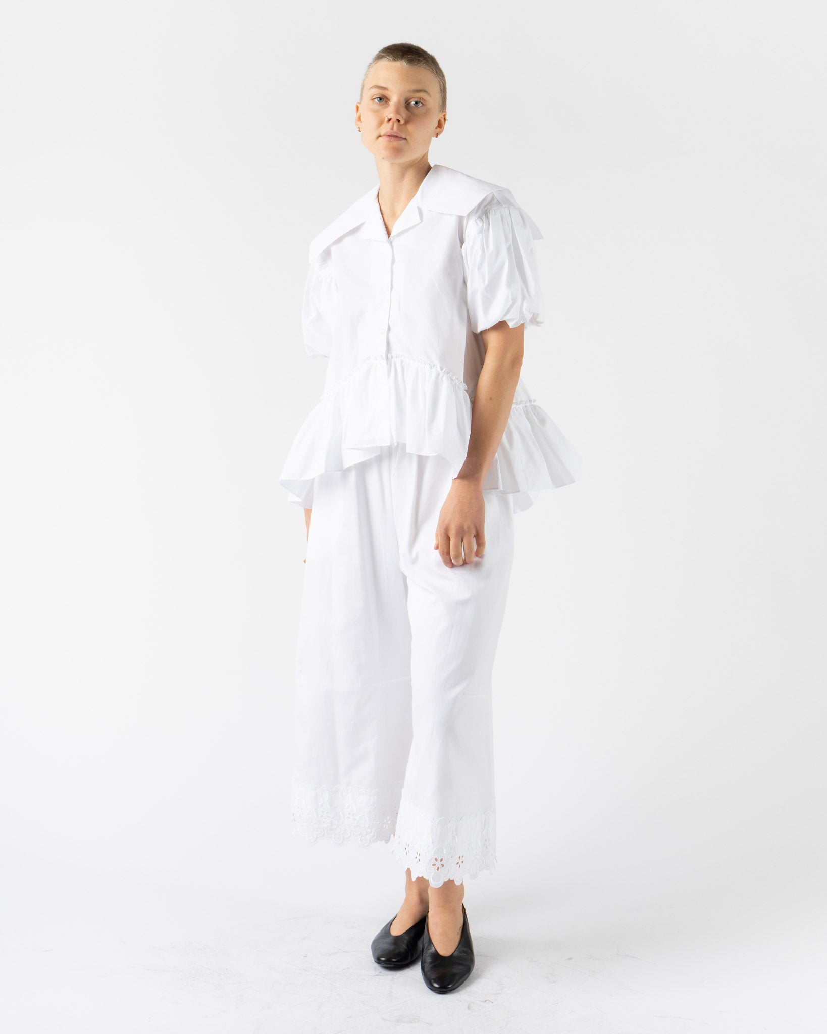 Simone Rocha Cropped Sailor Collar Puff Sleeve Shirt in White