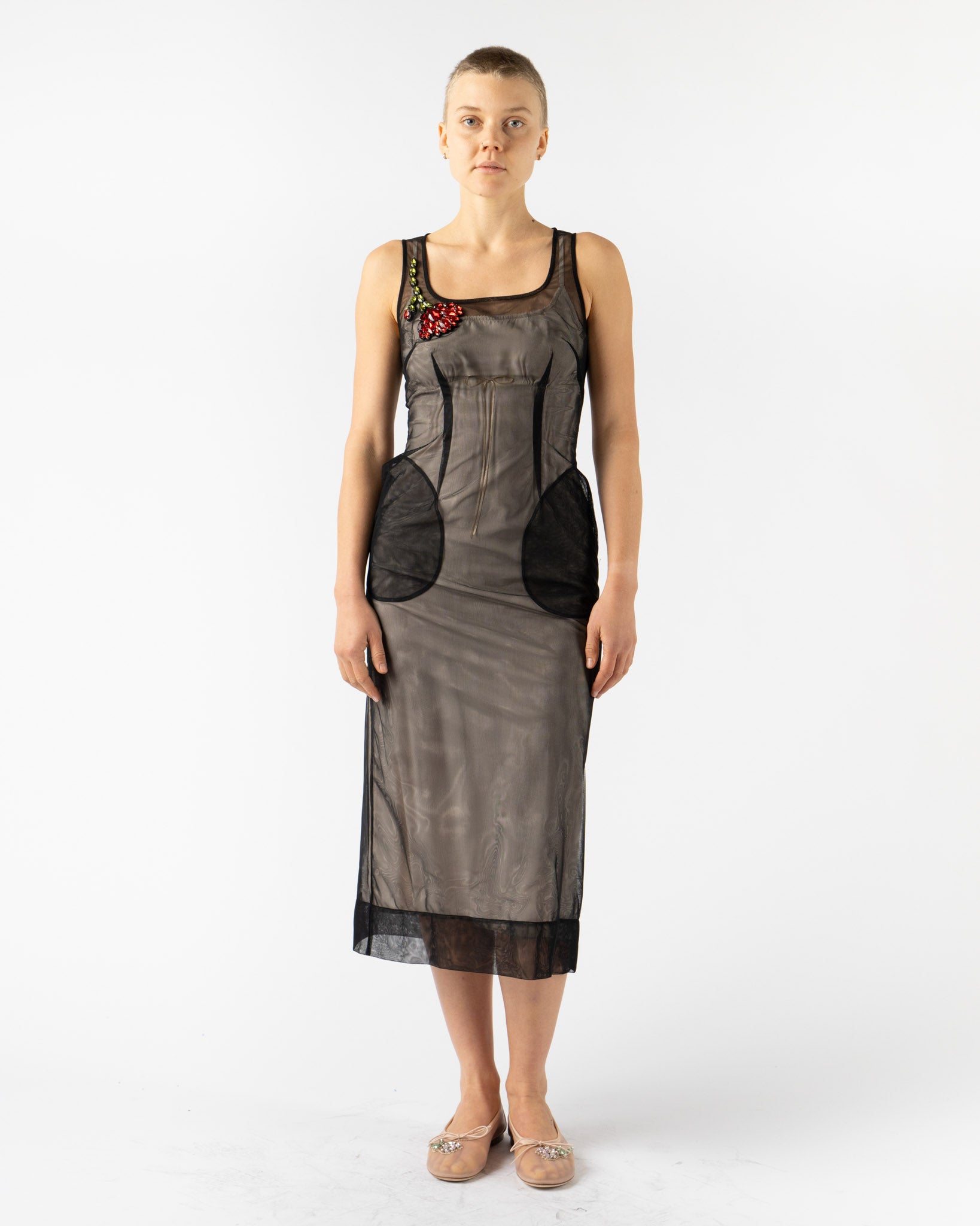 Simone Rocha Square Neck Dart Dress w/ Embellishment in Black/Red Multi  Tulle