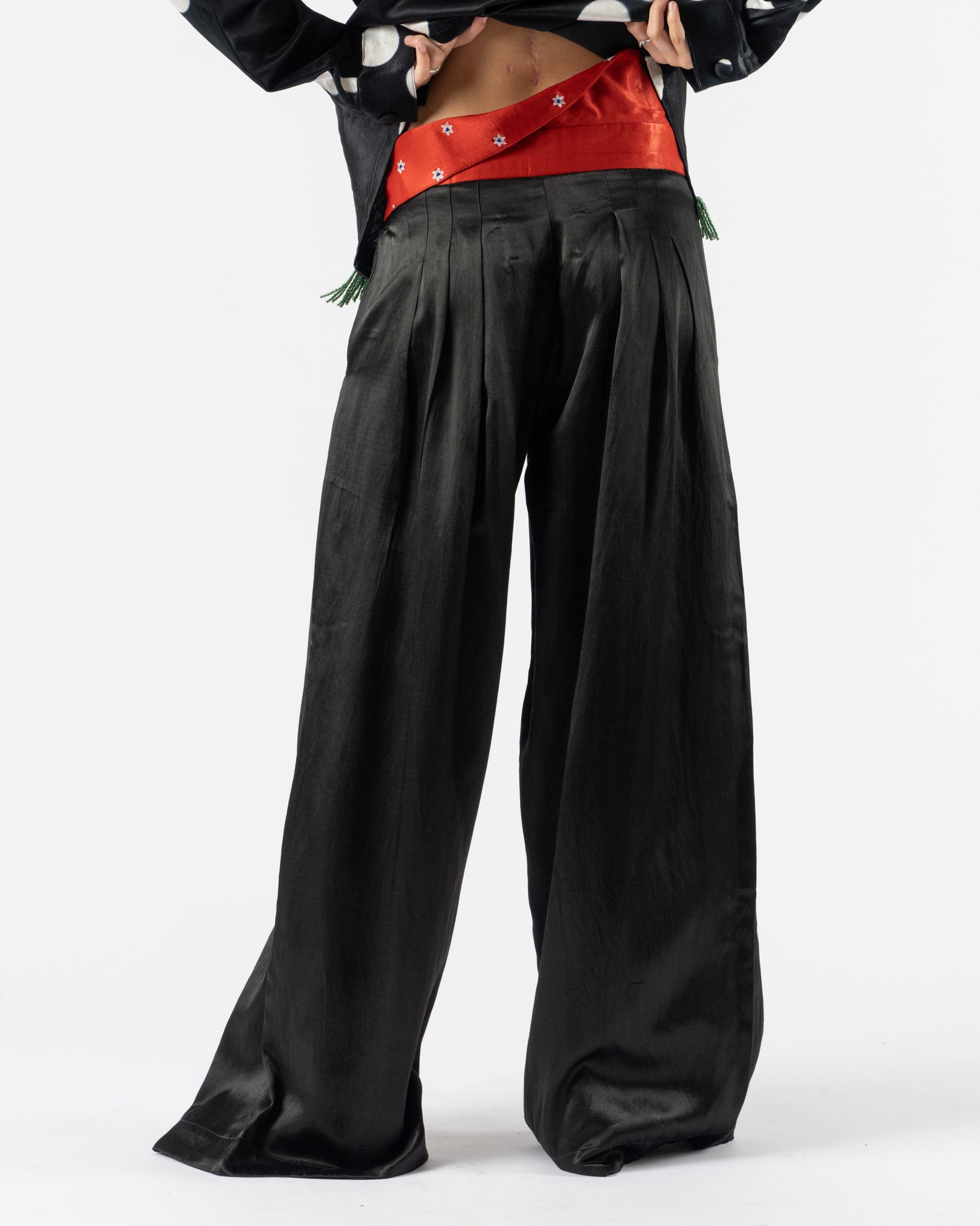 Tigra Tigra Foldover Kasab Pants in Black with Red