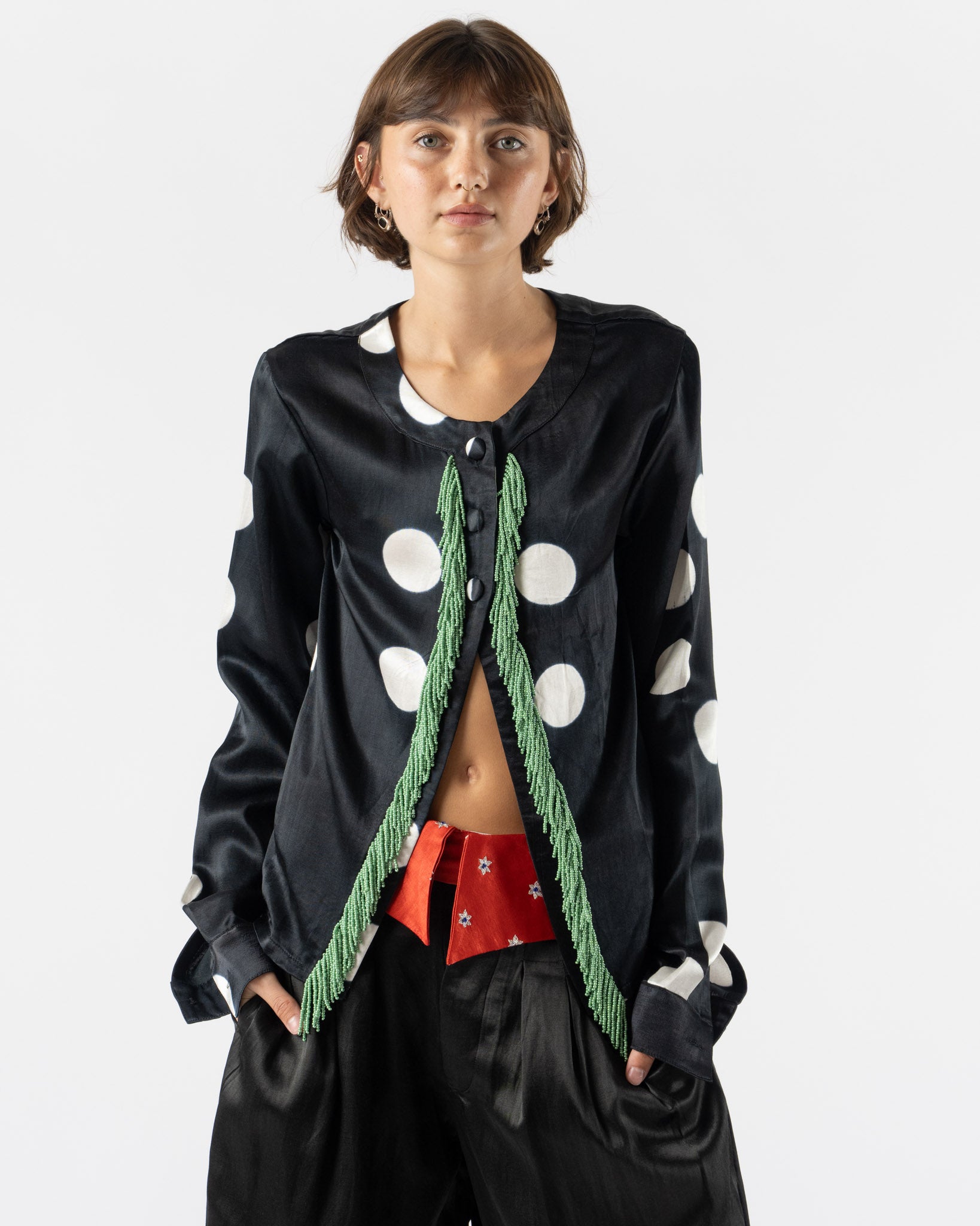 Tigra Tigra Moon Dye Cardigan with Beaded Fringe in Black/White/Turquoise