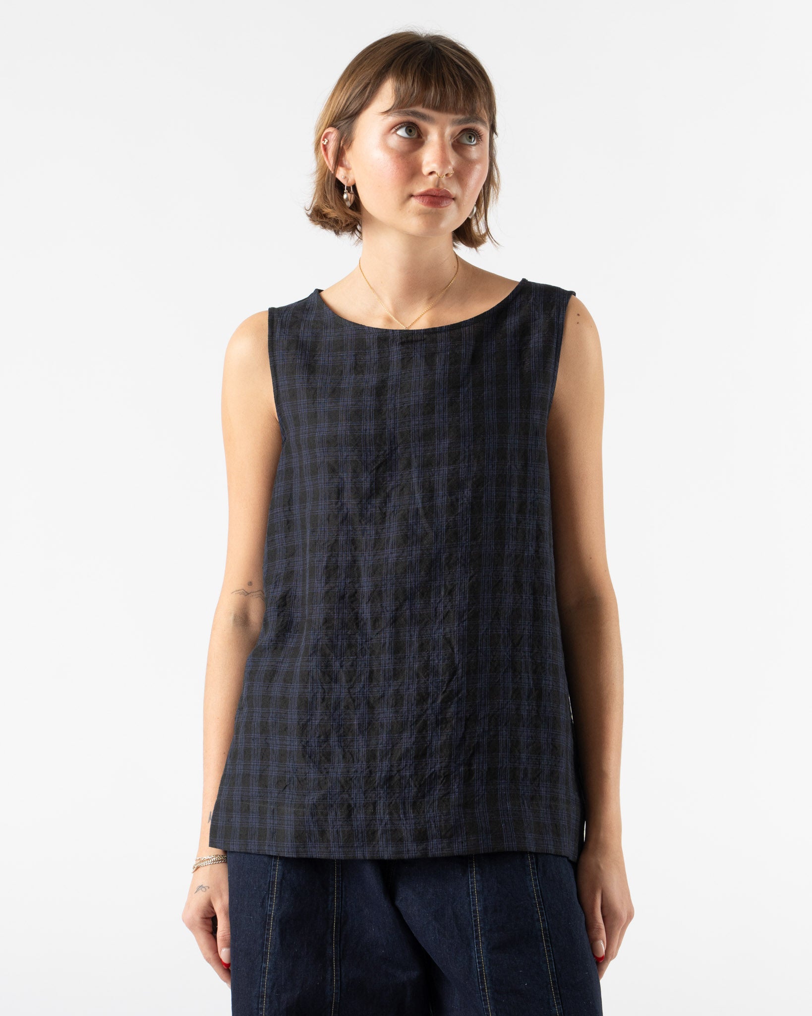 Toogood The Basketmaker Top in Linen Check Midnight