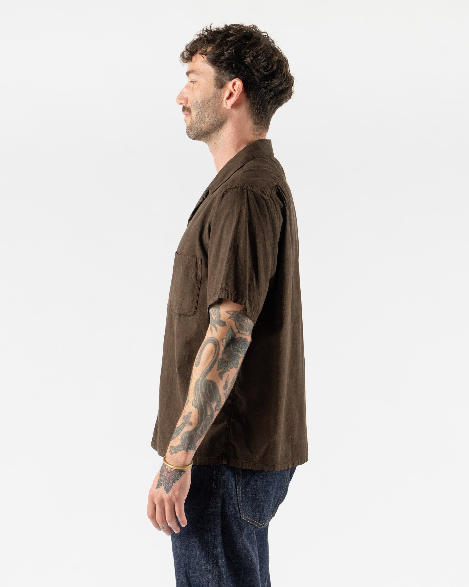 T.T Open Collar Shirt in Mud Dyed Brown