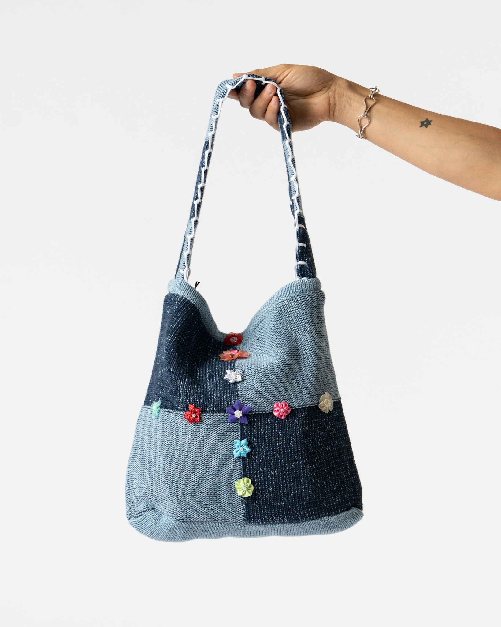 YanYan Embellished Checked Tote in Denim