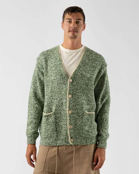 Auralee Silk Wool Camel Mix Knit Cardigan in Mix Green