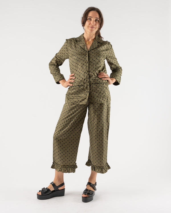 Batsheva Pajama Set in Olive Green Polka Dot