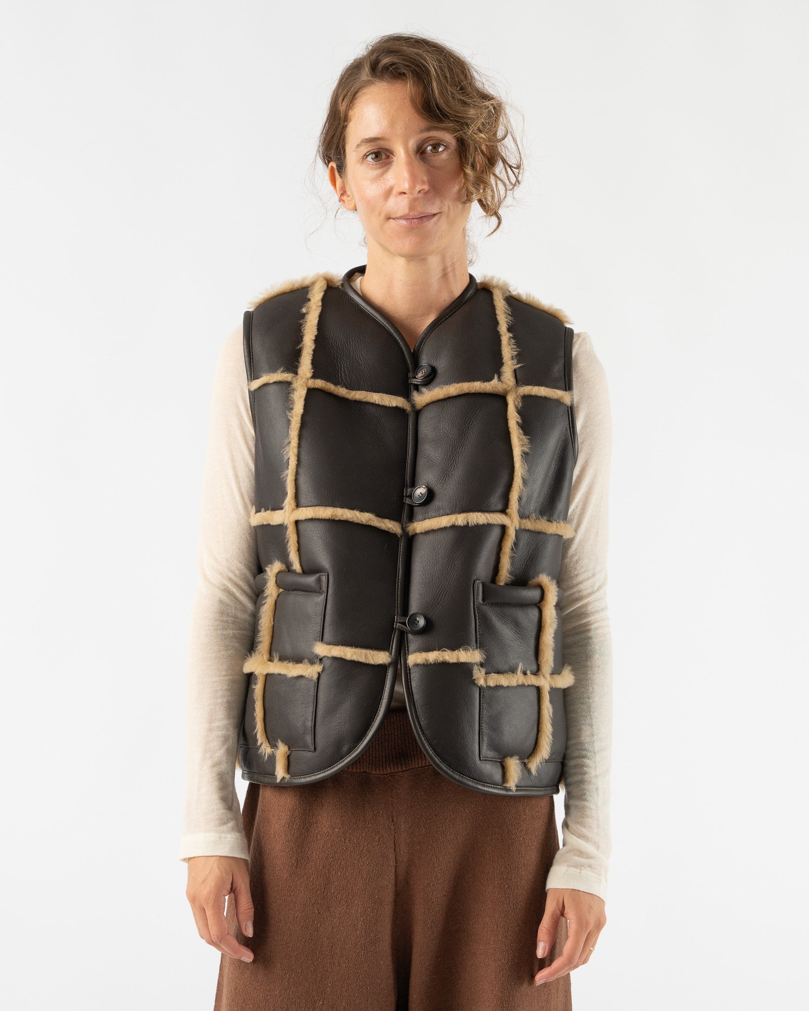 Cawley-Checked-Ella-Vest-with-Leather-Back-and-Straight-Hair-Sheepskin-in-Chocolate/-Tan-Santa-Barbara-Boutique-Jake-and-Jones-Sustainable-Fashion