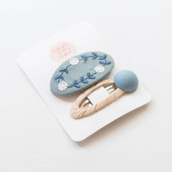 Tangle Shiny Stars - Oval Embroidered Floral Snap Hair Clips | Sky Blue