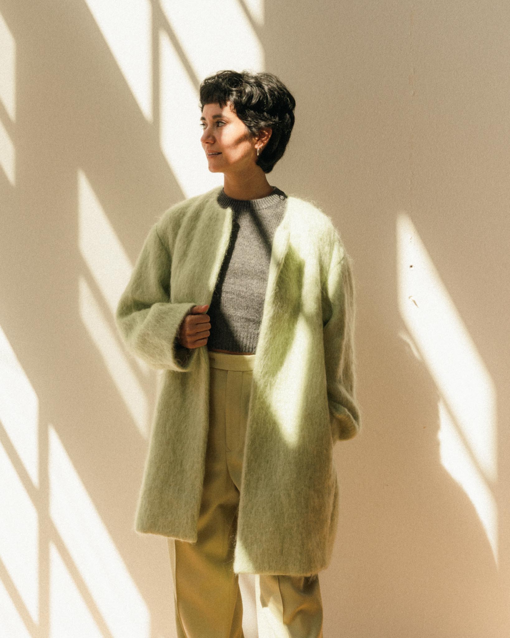 オーラリー AURALEE MOHAIR SHAGGY COAT Auralee Brushed Mohair Shaggy Coat in Khaki Curated at Jake