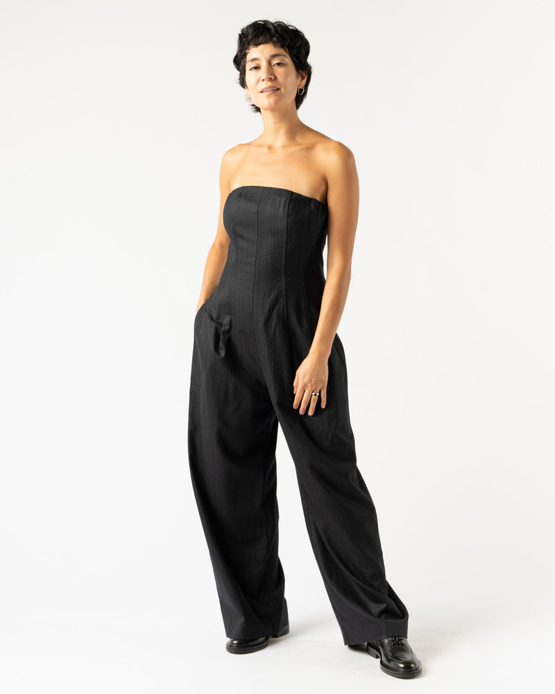 Auralee Wool Fulling Flannel Stripe Jumpsuit in Top Dark Navy