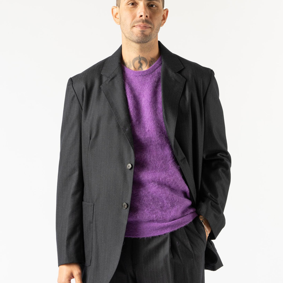 Auralee Wool Fulling Flannel Stripe Jacket in Dark Navy Curated at 
