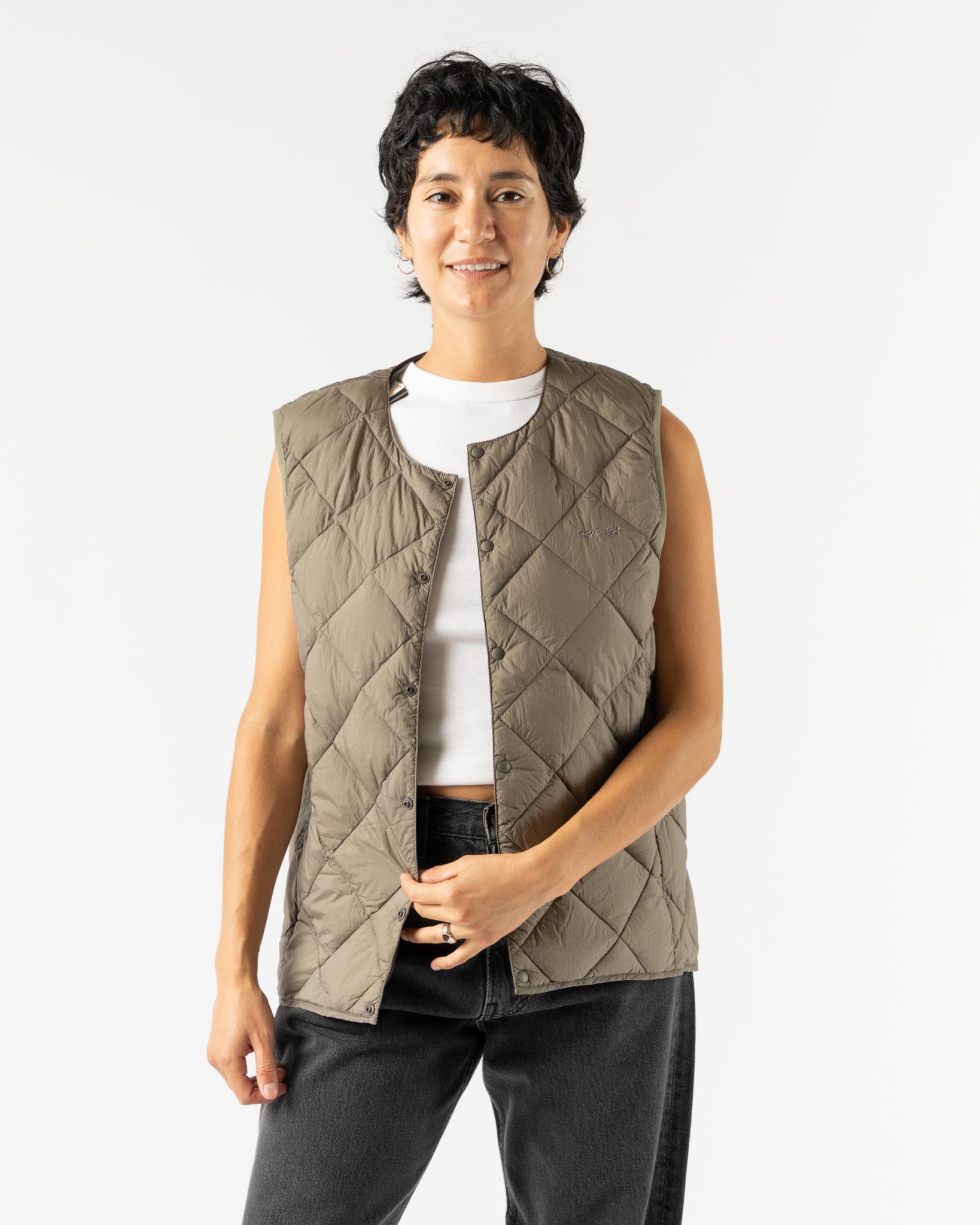 Gramicci Inner Down Vest in Stone Grey Curated at Jake and Jones