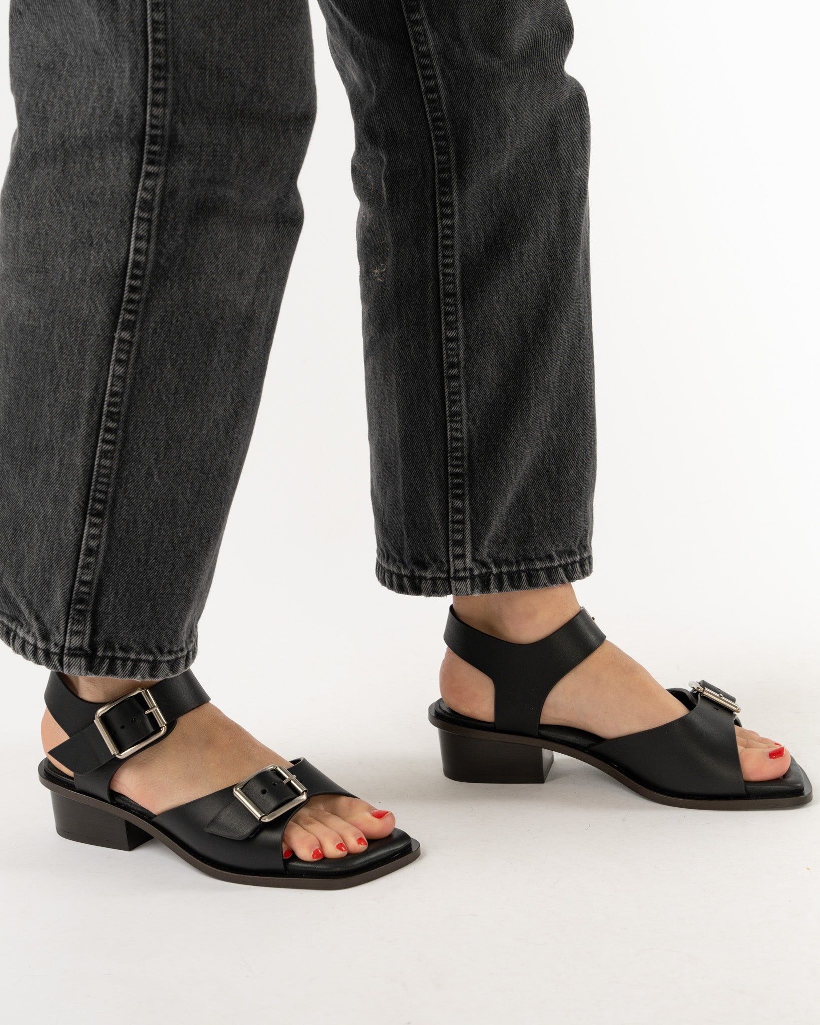 Lemaire Square Heeled Sandals with Straps 35 in Black