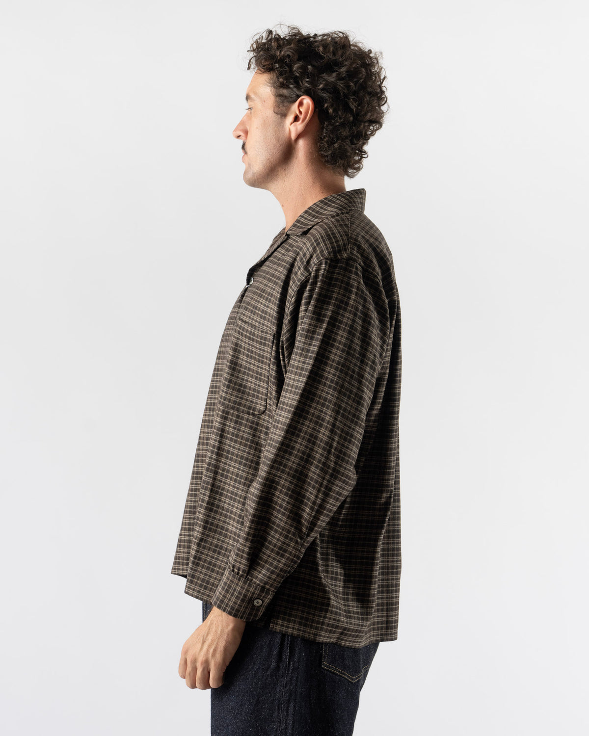 Kaptain Sunshine Wool Plaid Open Collar Shirt in Brown