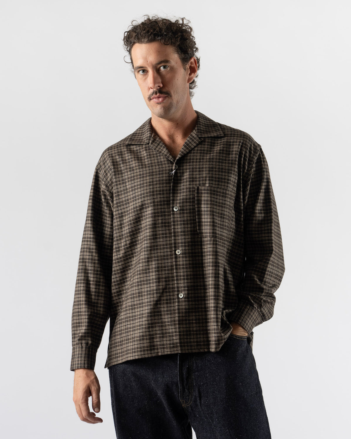 Kaptain Sunshine Wool Plaid Open Collar Shirt in Brown