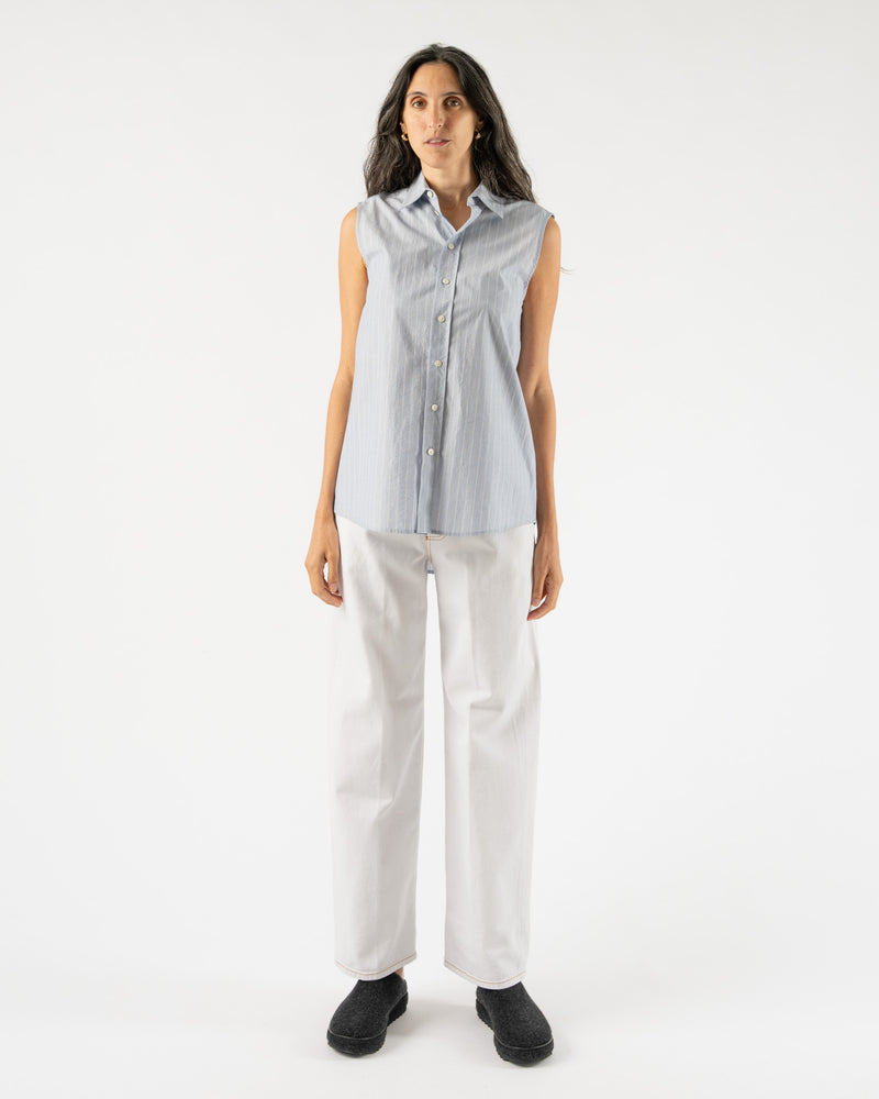 6397 Sleeveless Button Down Shirt in Blue/White Stripe