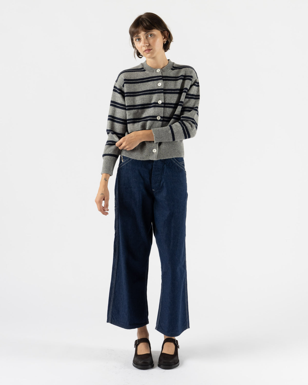 &Daughter Ada Crewneck Cardigan in Stripe Flannel Grey with Navy