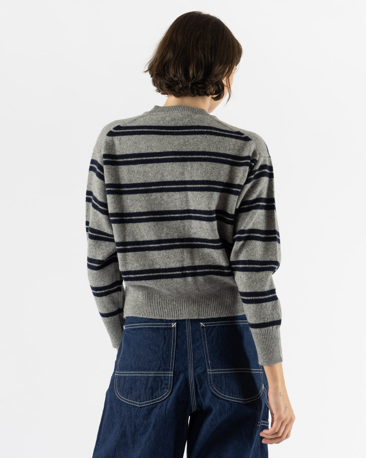 &Daughter Ada Crewneck Cardigan in Stripe Flannel Grey with Navy