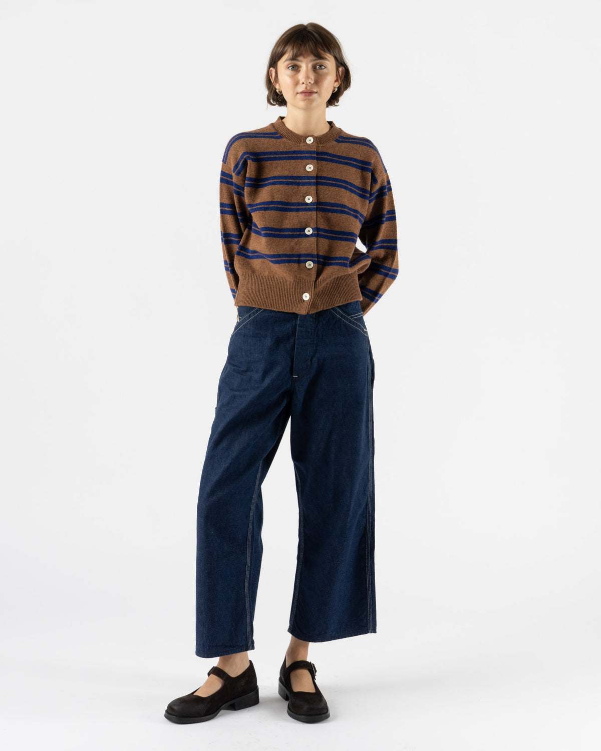 &Daughter Ada Crewneck Cardigan in Stripe Hazelnut with Smalt Blue