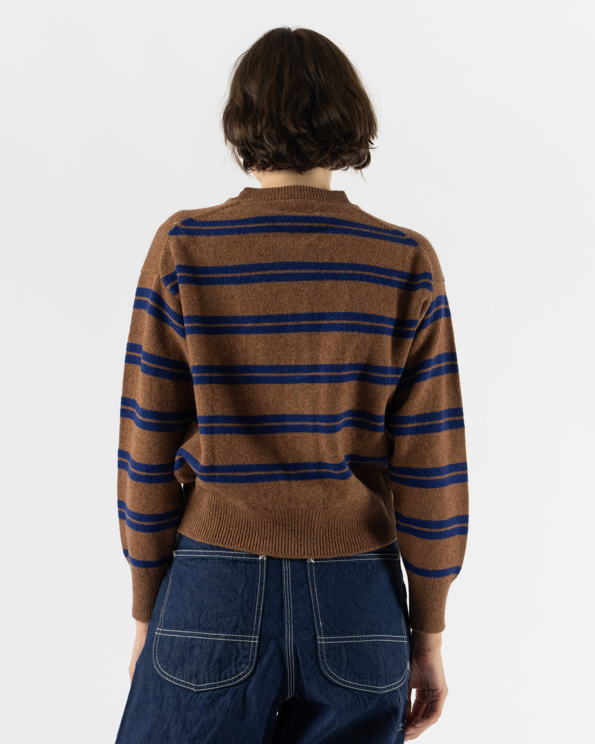 &Daughter Ada Crewneck Cardigan in Stripe Hazelnut with Smalt Blue