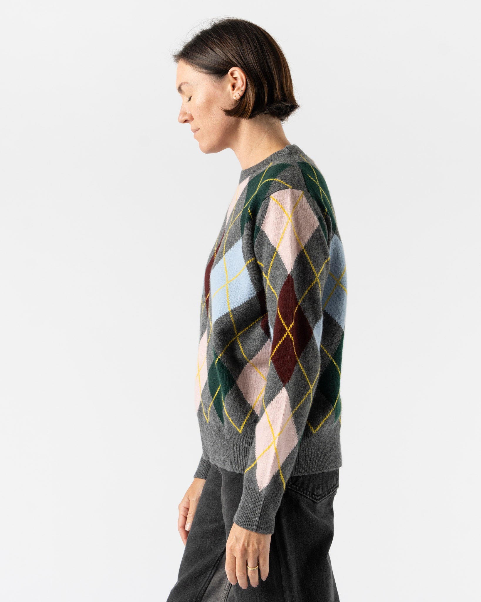 &Daughter Argyle Slouch Crewneck in Grey with Pale Pink