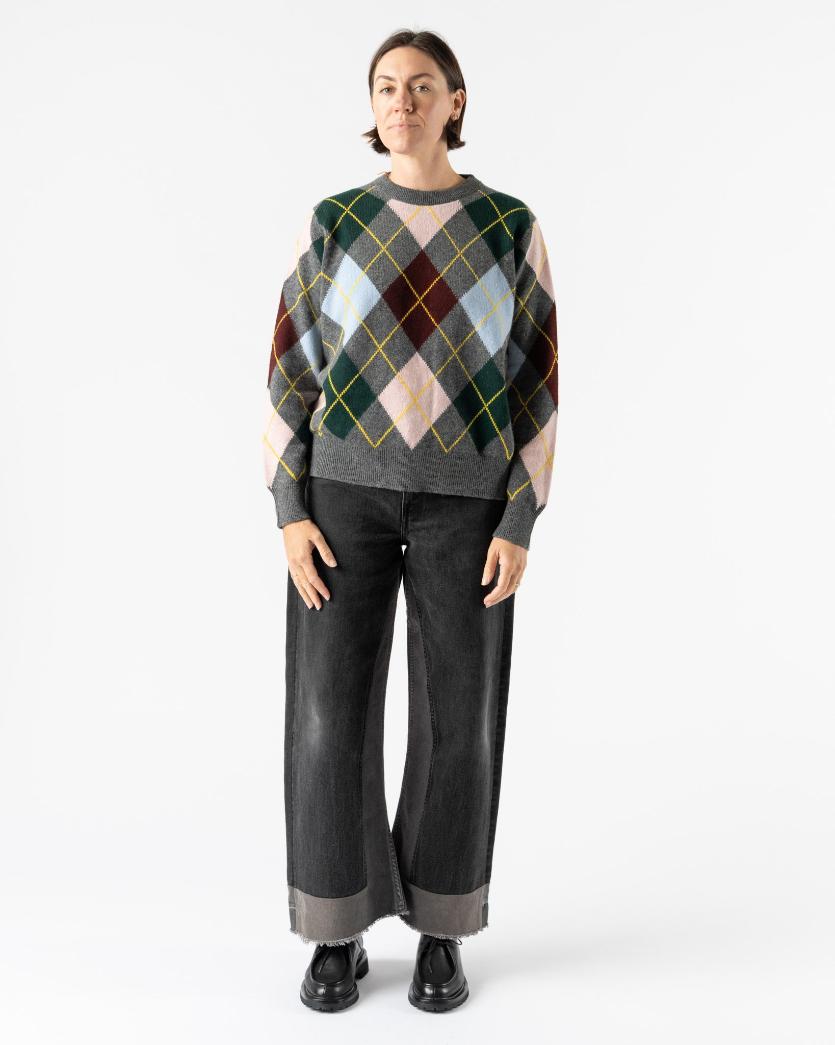 &Daughter Argyle Slouch Crewneck in Grey with Pale Pink