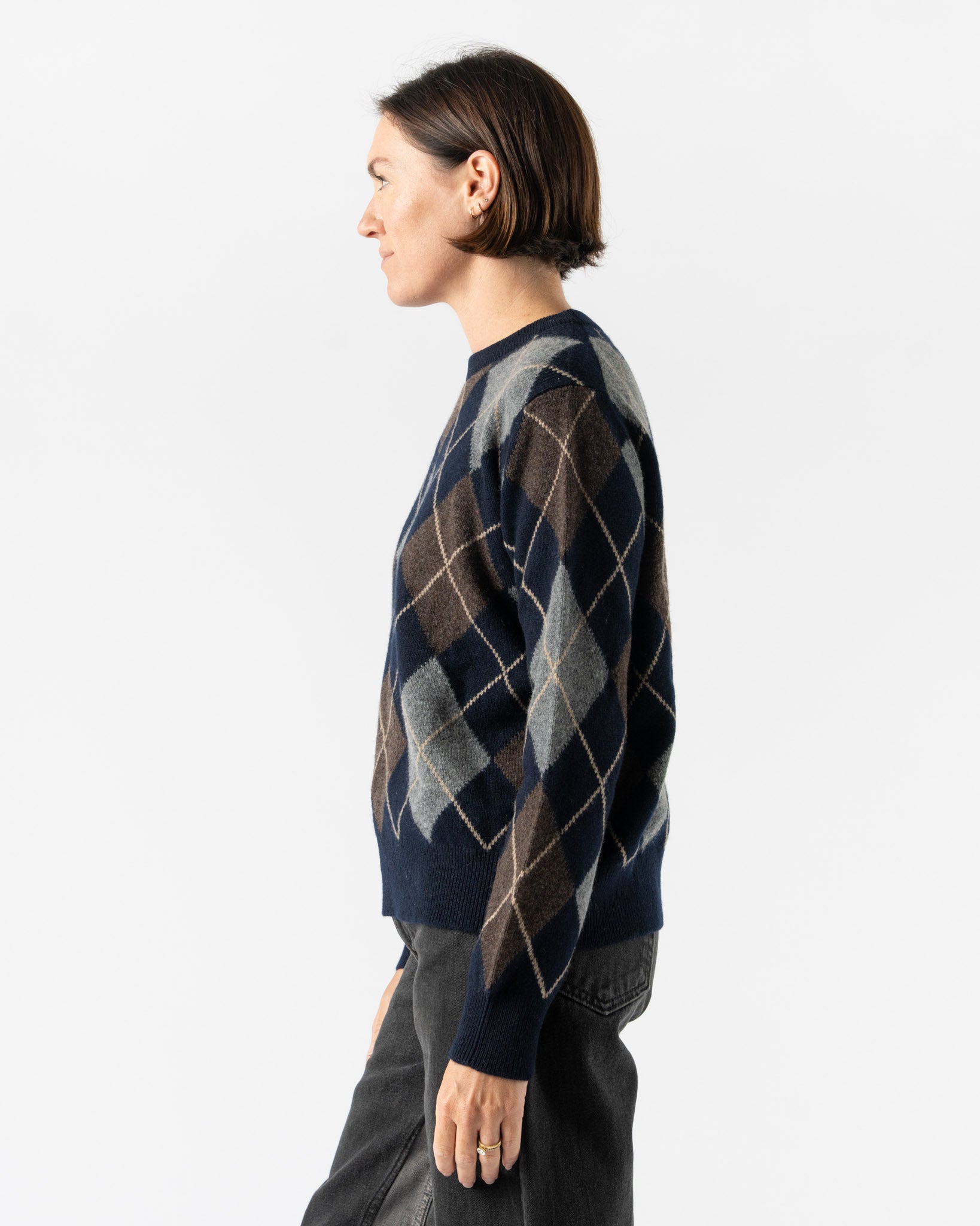 &Daughter Argyle Slouch Crewneck in Navy with Brown