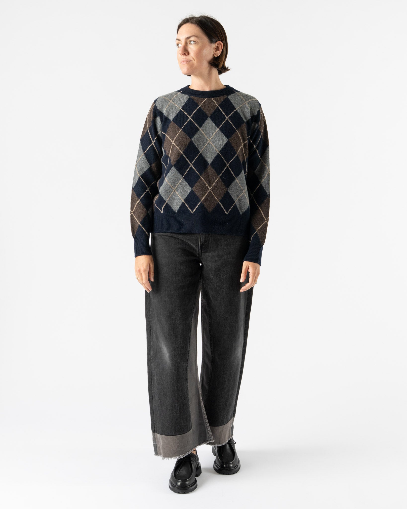&Daughter Argyle Slouch Crewneck in Navy with Brown