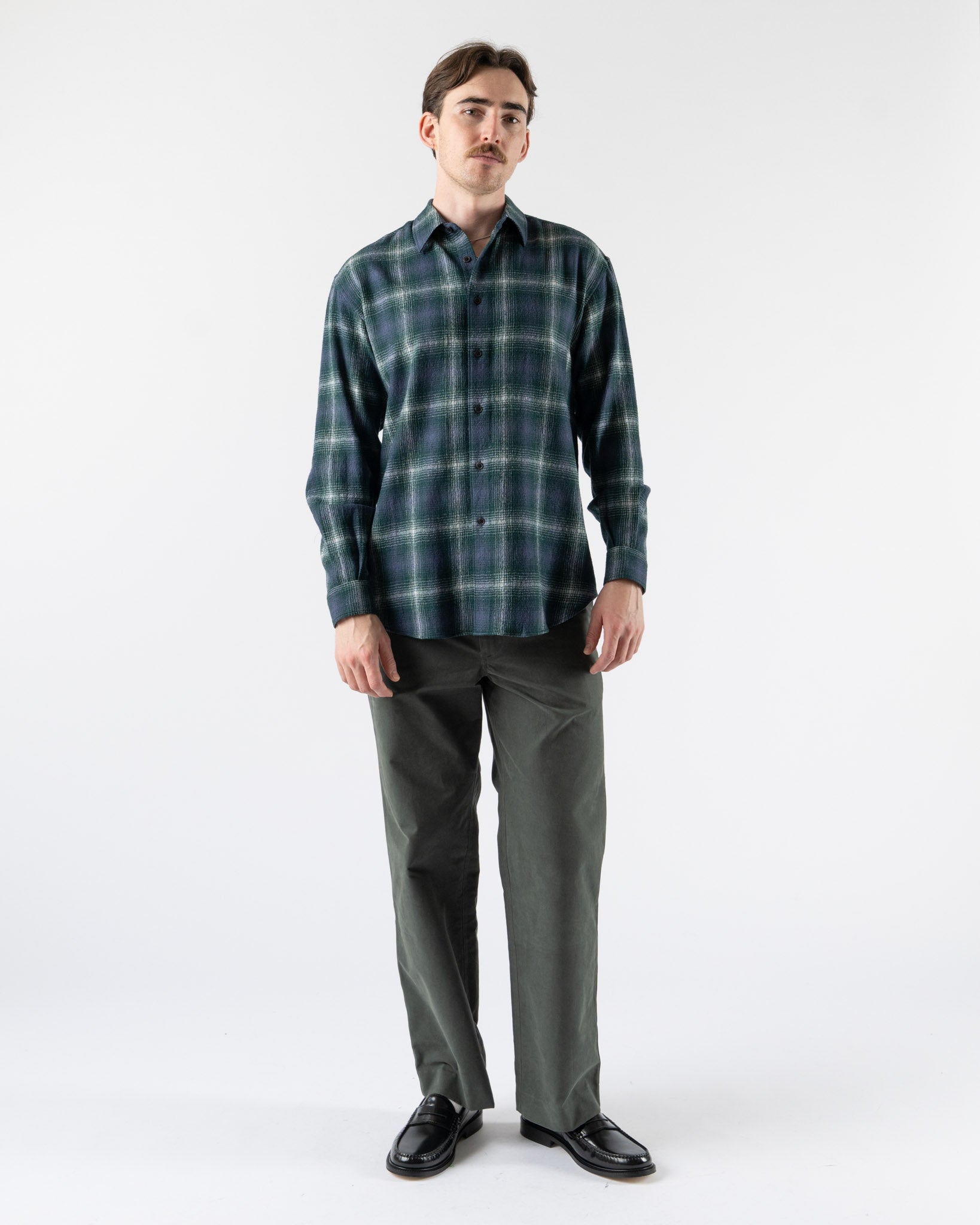 Auralee Airy Wool Check Shirt in Forest Green x Navy